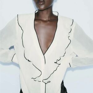 Zara Sheer Deep V Cream Blouse with Black Trim